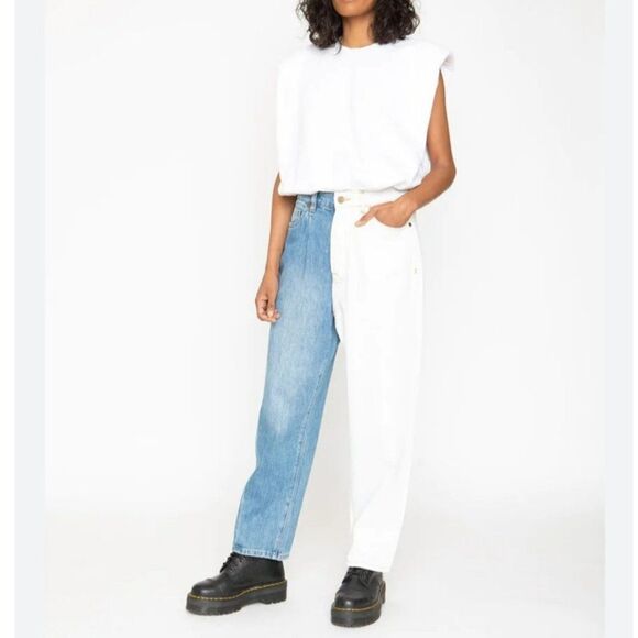 Free People x Sandrine Rose Wide Leg Color Block Retro Jeans in Milky Way - Picture 12 of 14